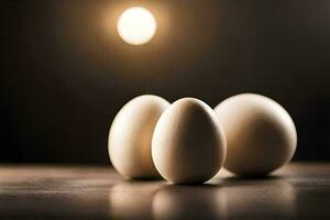 Tres huevos en un mesa con un ligero detrás a ellos. generado por ai foto