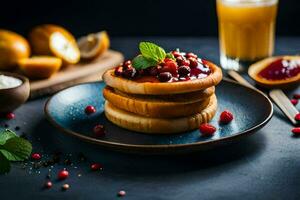 pancakes with berries and orange juice on a plate. AI-Generated photo