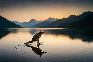un rana es en pie en el apuntalar de un lago a puesta de sol. generado por ai foto