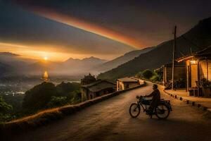 a man on a bike rides down a road with a rainbow in the sky. AI-Generated photo