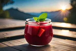 a glass of red juice with a leaf on top. AI-Generated photo