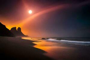 el Luna es brillante terminado el Oceano y un playa. generado por ai foto