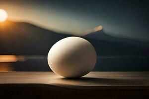 an egg sitting on a table in front of a lake. AI-Generated photo