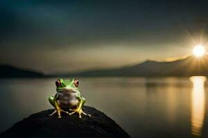 a frog sitting on a rock in front of a lake. AI-Generated photo