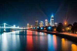 un ciudad horizonte a noche con luces en el puente. generado por ai foto