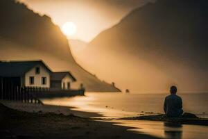 a man sitting on the shore of a lake at sunset. AI-Generated photo