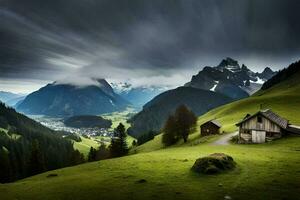 a small house sits on a hillside with mountains in the background. AI-Generated photo