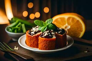 un plato con un Zanahoria pastel y naranja rebanadas generado por ai foto