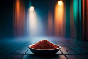 a bowl of red powder on a table in front of a blurry background. AI-Generated photo