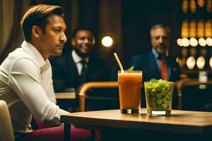 a man sitting at a table with a drink and other people in the background. AI-Generated photo