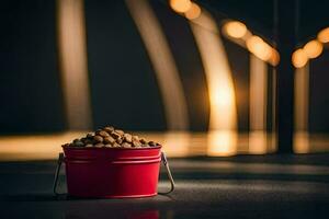a red bucket filled with dog food on a table. AI-Generated photo