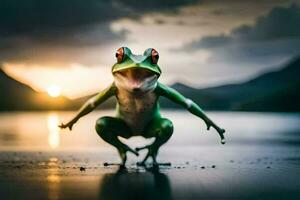 a frog standing on its hind legs with its mouth open. AI-Generated photo