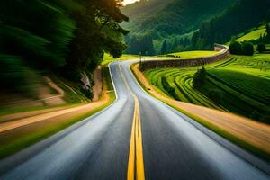 a road in the countryside with a green field and a mountain in the background. AI-Generated photo