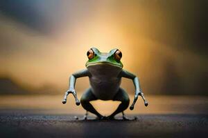 a frog is standing on its hind legs. AI-Generated photo