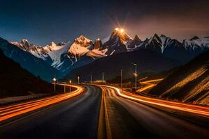 a long exposure photo of a road and mountains. AI-Generated