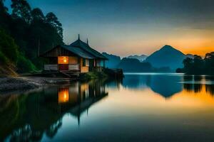a small house sits on the shore of a lake at sunset. AI-Generated photo