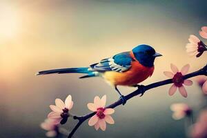 a colorful bird sits on a branch with pink flowers. AI-Generated photo