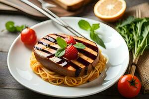 a plate with a grilled steak and spaghetti. AI-Generated photo