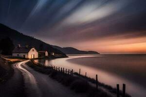 a long exposure photograph of a house on the shore of a lake. AI-Generated photo