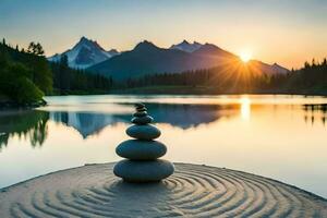 un apilar de piedras es sentado en el apuntalar de un lago a puesta de sol. generado por ai foto