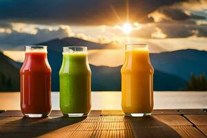 three juice bottles with different colors on a table. AI-Generated photo