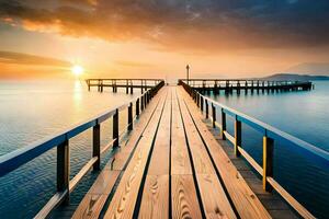 un de madera muelle estiramientos fuera dentro el Oceano a puesta de sol. generado por ai foto