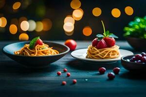 pasta with berries and berries on a wooden table. AI-Generated photo