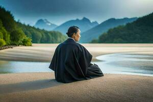 a man in black robes sitting on the sand by a river. AI-Generated photo
