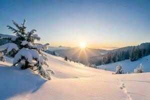 photo wallpaper the sky, snow, trees, mountains, sun, winter, the mountains, the. AI-Generated