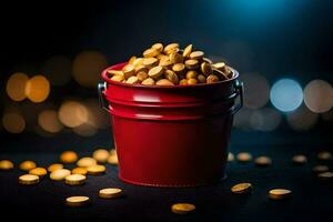 a red bucket filled with pills on a dark background. AI-Generated photo