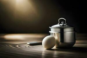 an egg and a silver container on a table. AI-Generated photo