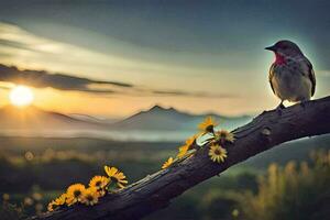 a bird sits on a branch with flowers in the background. AI-Generated photo