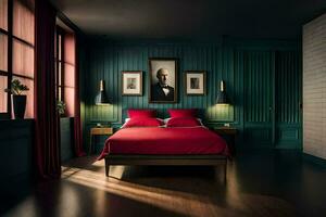 a bedroom with a red bed and wooden floors. AI-Generated photo