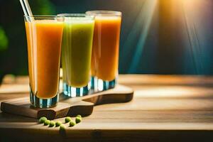 three glasses of juice with a straw. AI-Generated photo