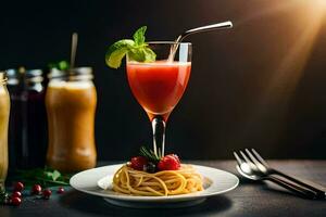 a plate with spaghetti and a drink. AI-Generated photo