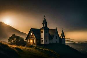 un Iglesia en un colina en el montañas. generado por ai foto