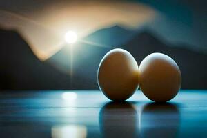 two eggs are sitting on a table in front of a mountain. AI-Generated photo