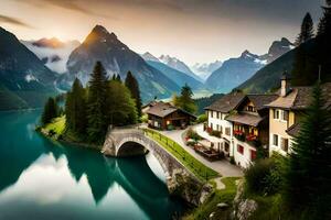 a beautiful mountain village with a bridge over a lake. AI-Generated photo