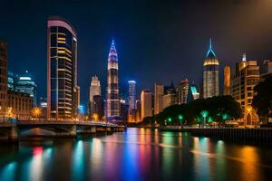 el ciudad horizonte a noche con el río y puente. generado por ai foto