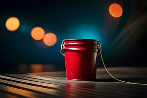 a red bucket on a wooden table with lights in the background. AI-Generated photo