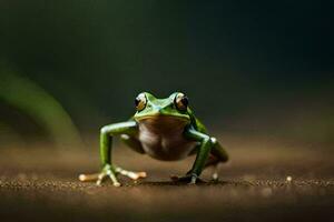 a frog is standing on the ground with its legs spread. AI-Generated photo