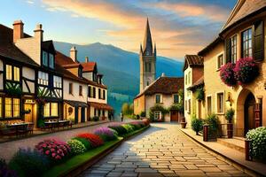 a street in a village with flowers and buildings. AI-Generated photo