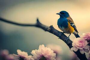 un azul y amarillo pájaro se sienta en un rama con rosado flores generado por ai foto