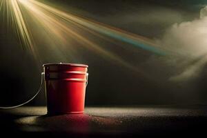 a red bucket with light shining through it. AI-Generated photo