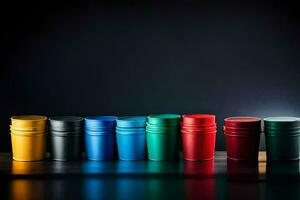 a row of colorful plastic cups on a dark background. AI-Generated photo