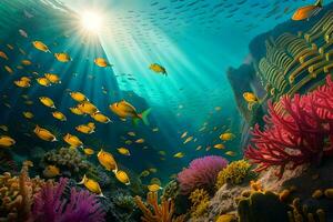 the sun shines over a coral reef and many fish. AI-Generated photo