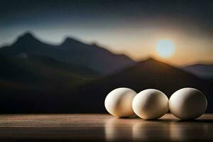 three eggs on a table with mountains in the background. AI-Generated photo