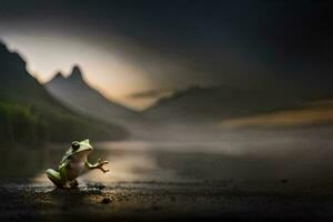 a frog standing on the shore of a lake with mountains in the background. AI-Generated photo
