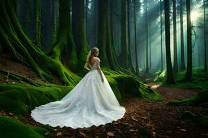 a woman in a wedding dress standing in the middle of a forest. AI-Generated photo