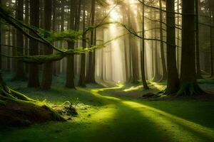 un camino mediante un bosque con luz de sol brillante mediante el arboles generado por ai foto